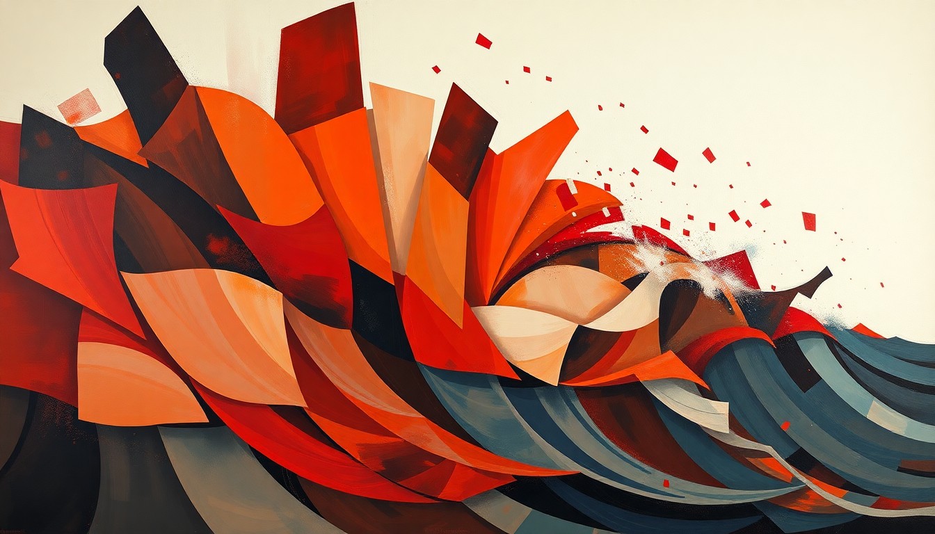 An abstract, fractured painting in shades of red, orange, and grey, representing the chaotic and contradictory messaging from the White House about the ongoing conflict with Iran.