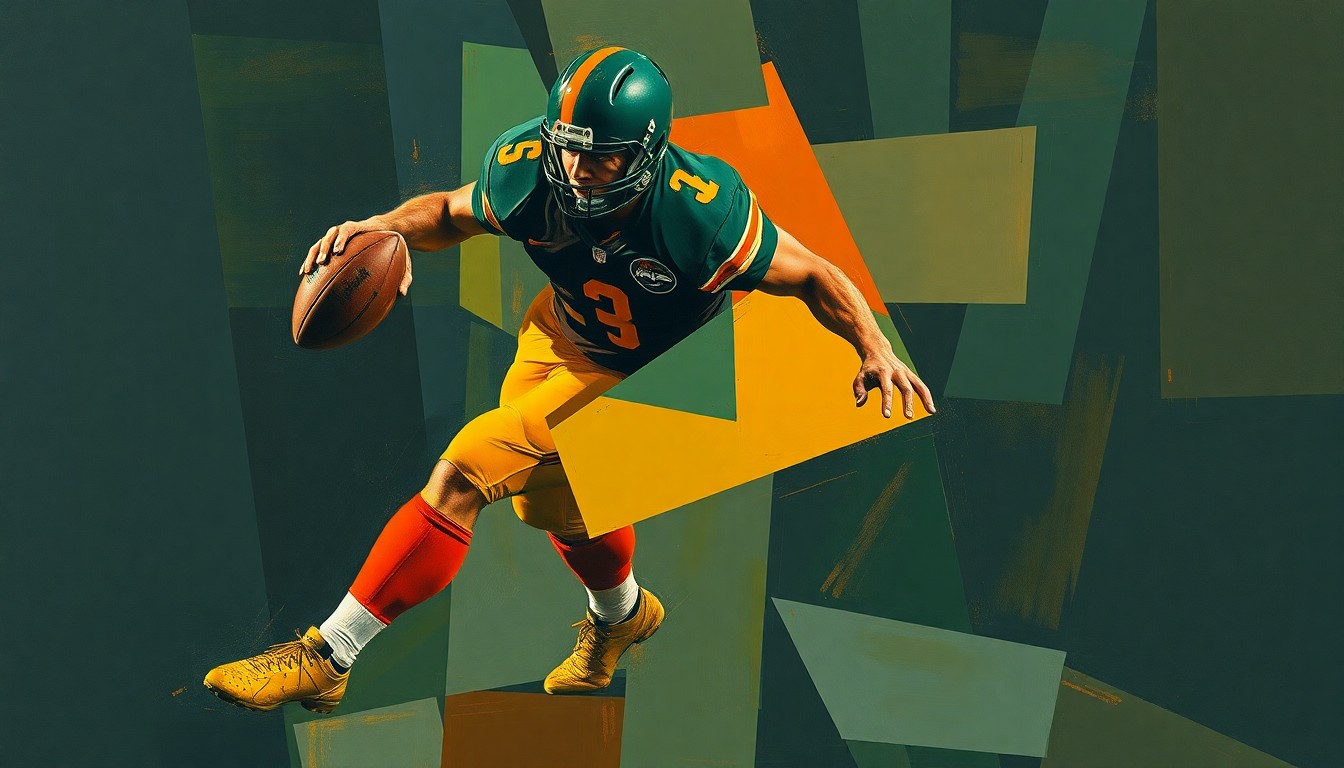 A fragmented, geometric painting depicting the dynamic movements of a football player, with sharp planes of navy, green, and orange hues conveying the raw power and intensity of the sport.