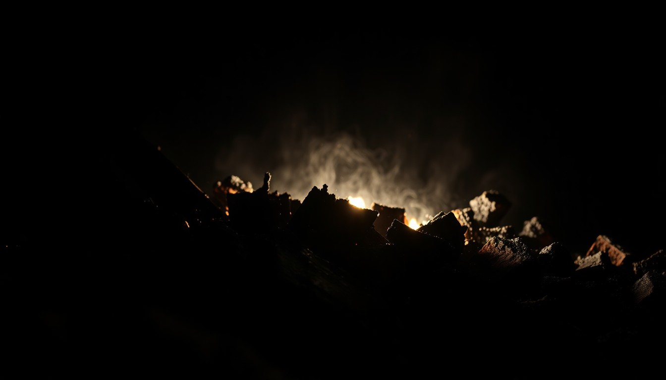 An extreme close-up photograph of charred debris from a fire, capturing the gritty, investigative nature of the incident without depicting any actual violence or victims.