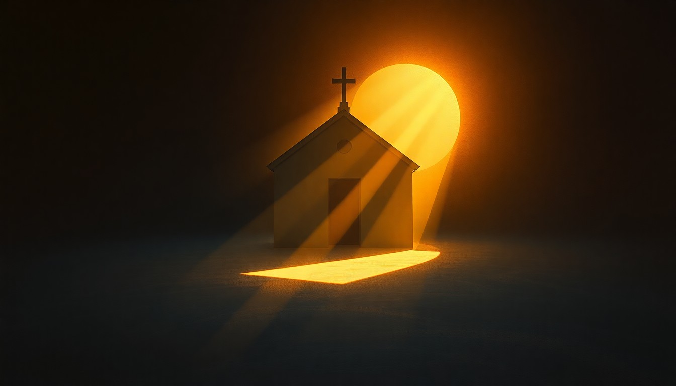 A serene, cinematic painting of a military chapel interior, with warm sunlight streaming through the windows and deep shadows casting a contemplative mood, conceptually representing the unease over the Pentagon's promotion of a specific religious ideology.