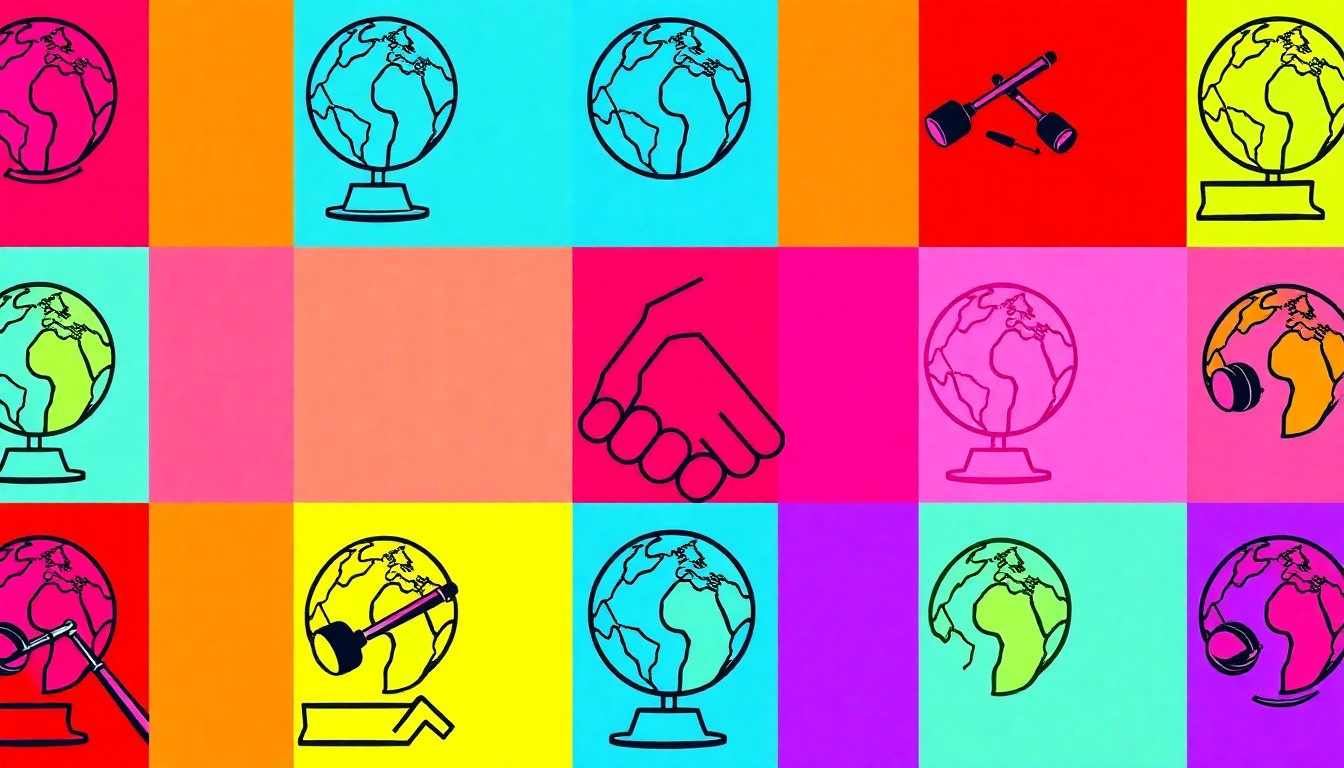 A high-contrast silkscreen print in vibrant neon colors, featuring a repeated pattern of an iconic diplomatic symbol such as a globe or handshake, conceptually representing the global recognition of Professor Mujtaba's leadership and policy expertise.