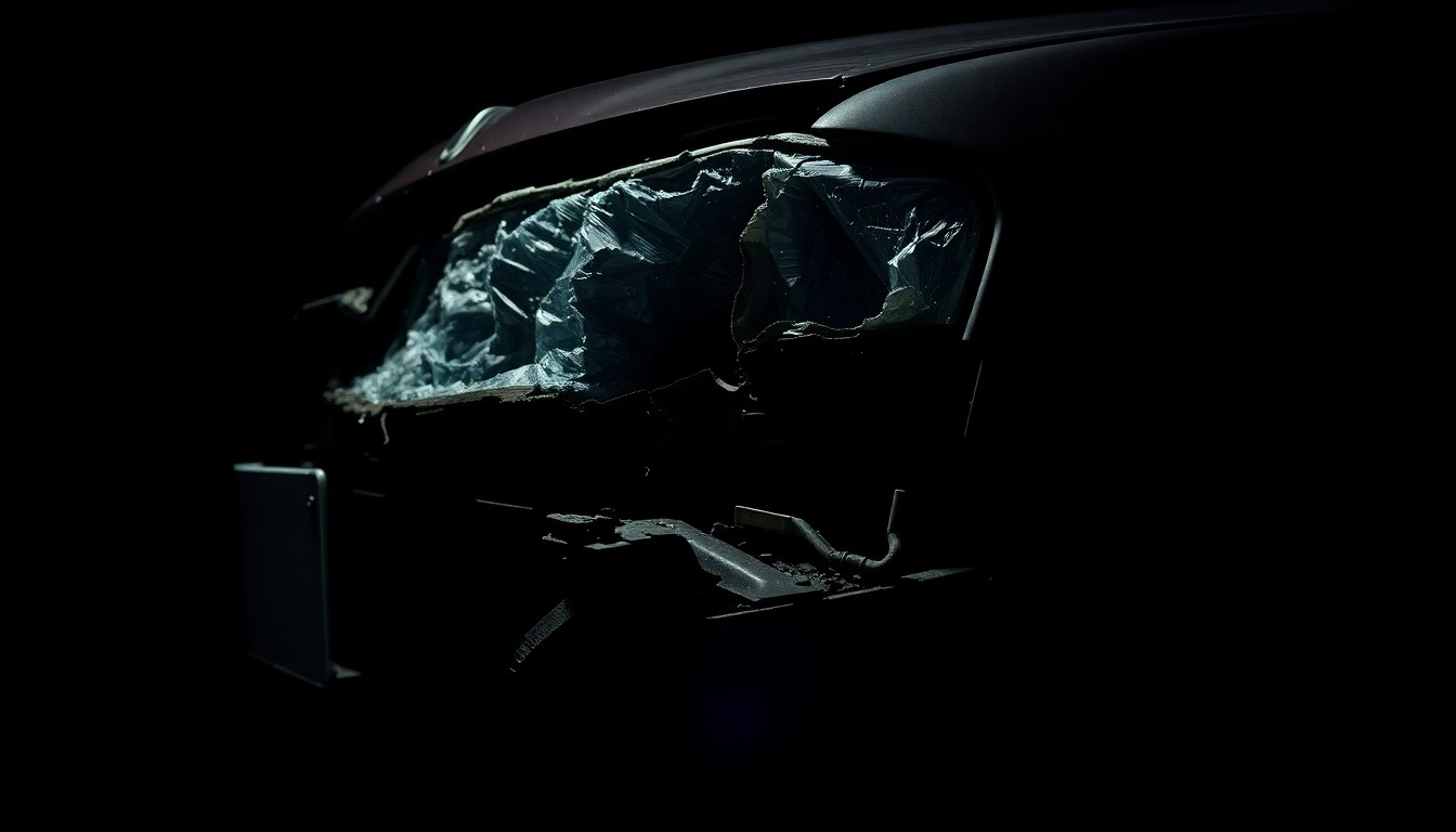 An extreme close-up photograph of a twisted, damaged car part reflecting a harsh, direct camera flash, conveying the gritty aftermath of a serious traffic accident.
