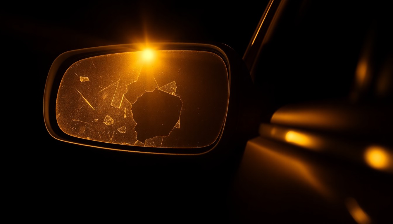An extreme close-up photograph of a broken car side mirror reflecting a faint red light, conceptually illustrating the aftermath of a fatal pedestrian collision.