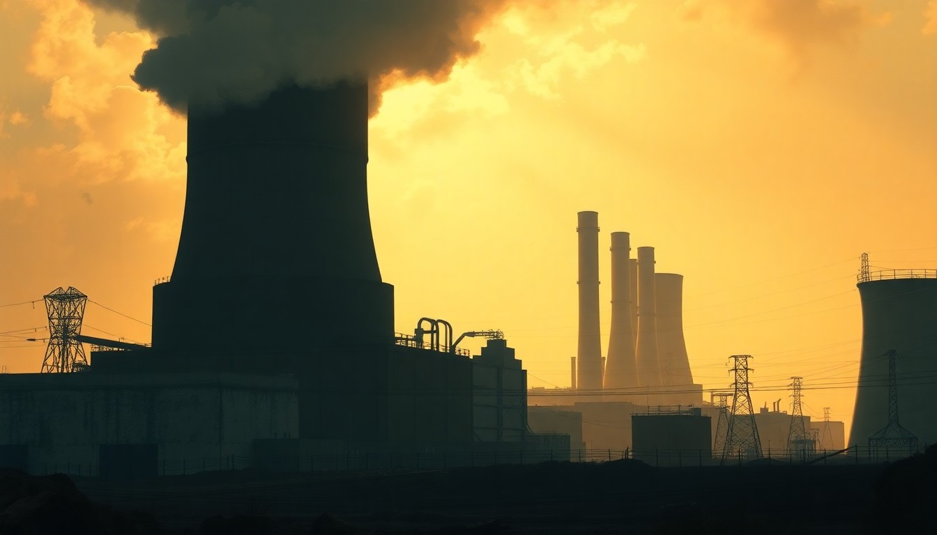 A photorealistic painting of an old, run-down coal power plant surrounded by a hazy urban landscape, with the plant's smokestacks casting long shadows across the scene, conveying a sense of nostalgia and the ongoing struggle over the future of fossil fuels.