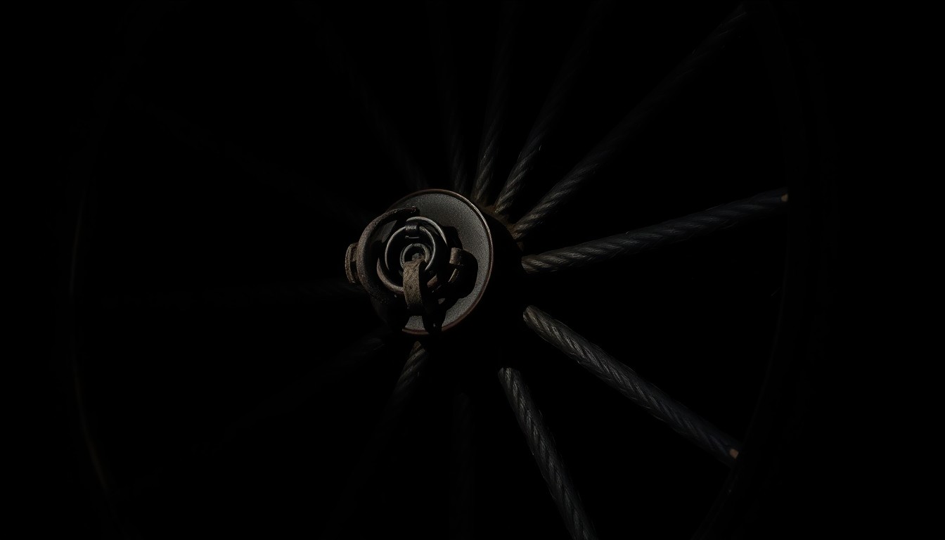 An extreme close-up photograph of a damaged horse harness or broken buggy wheel, capturing the stark, gritty aftermath of a collision between a vehicle and a traditional Amish mode of transportation.