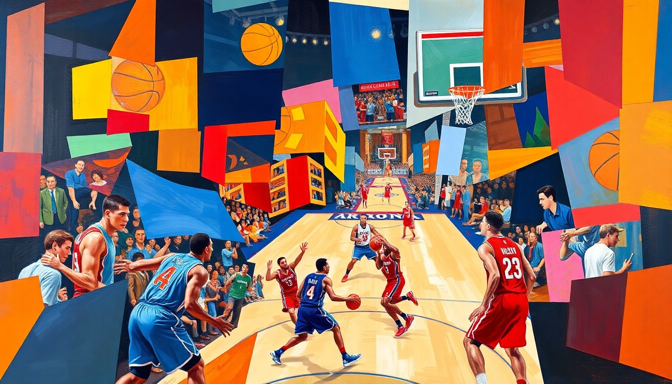 A cubist, geometric painting depicting a basketball game or tournament action, with sharp, overlapping planes of color representing the players and court. The vibrant colors of the Arizona Wildcats' uniform are prominent, reflecting the team's success in the NCAA tournament.