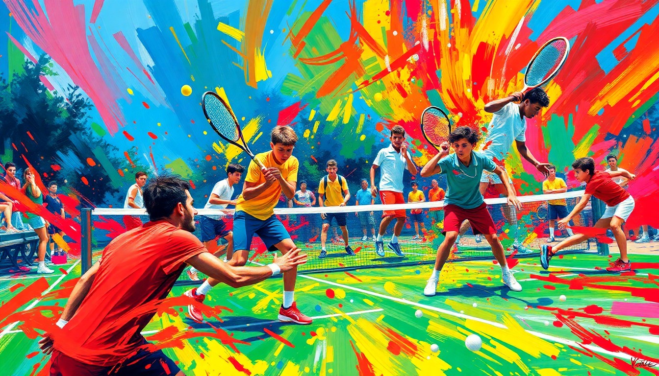 An abstract, expressionist painting in vibrant neon colors depicting the intense movement and energy of a high school tennis match, with players' forms blending into the dynamic brushstrokes.