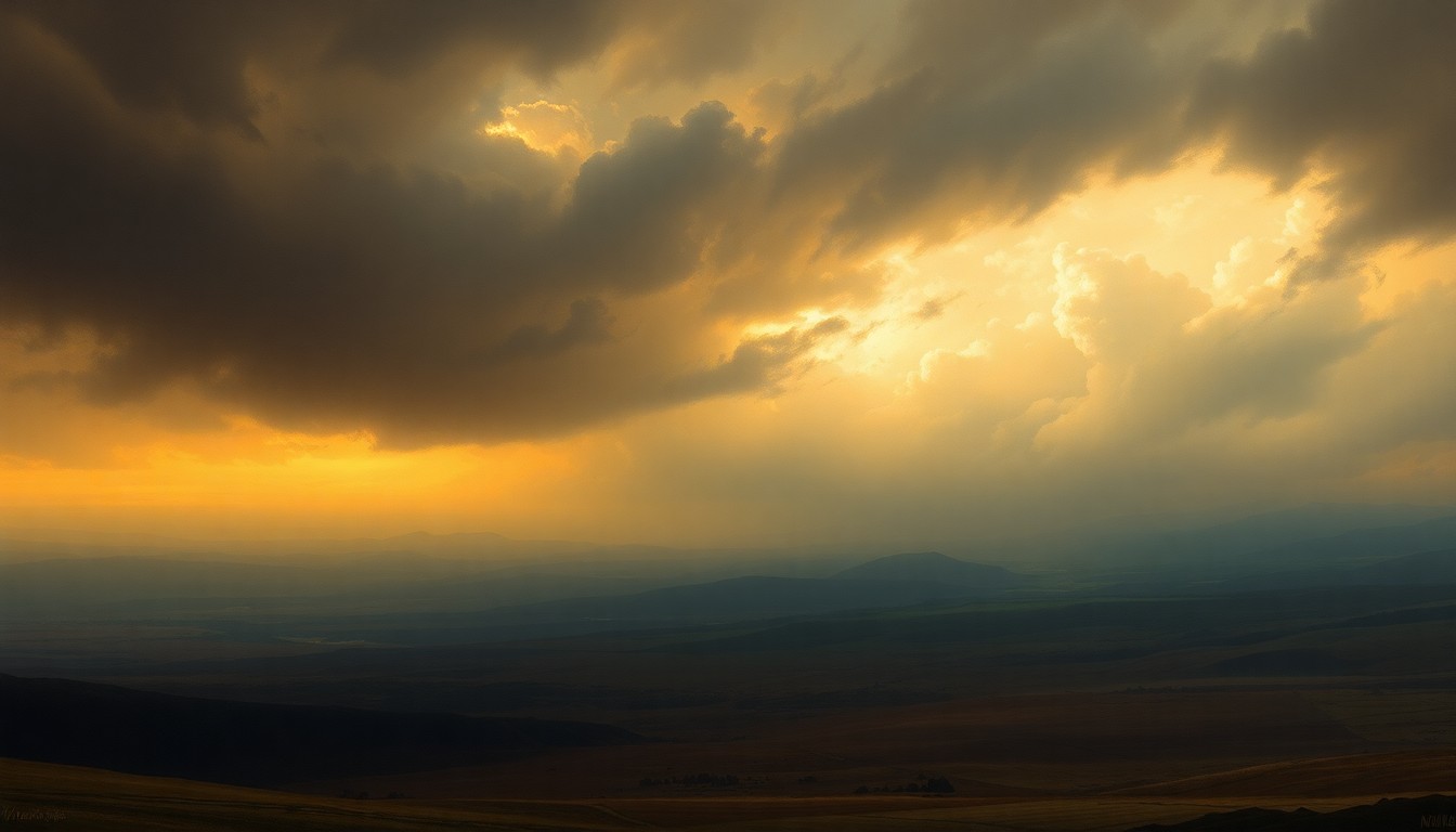 A vast, atmospheric landscape painting in muted tones of orange, yellow, and grey, with a distant horizon obscured by hazy, oppressive clouds. The scene conveys the overwhelming, sublime power of the natural world, dwarfing any physical structures or objects within it.