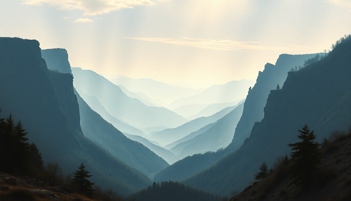 A sweeping, atmospheric landscape painting in muted earth tones, with distant hazy ridges dominating the frame and a sense of foreboding in the dramatic lighting, conceptually representing the fire danger alert across the region.