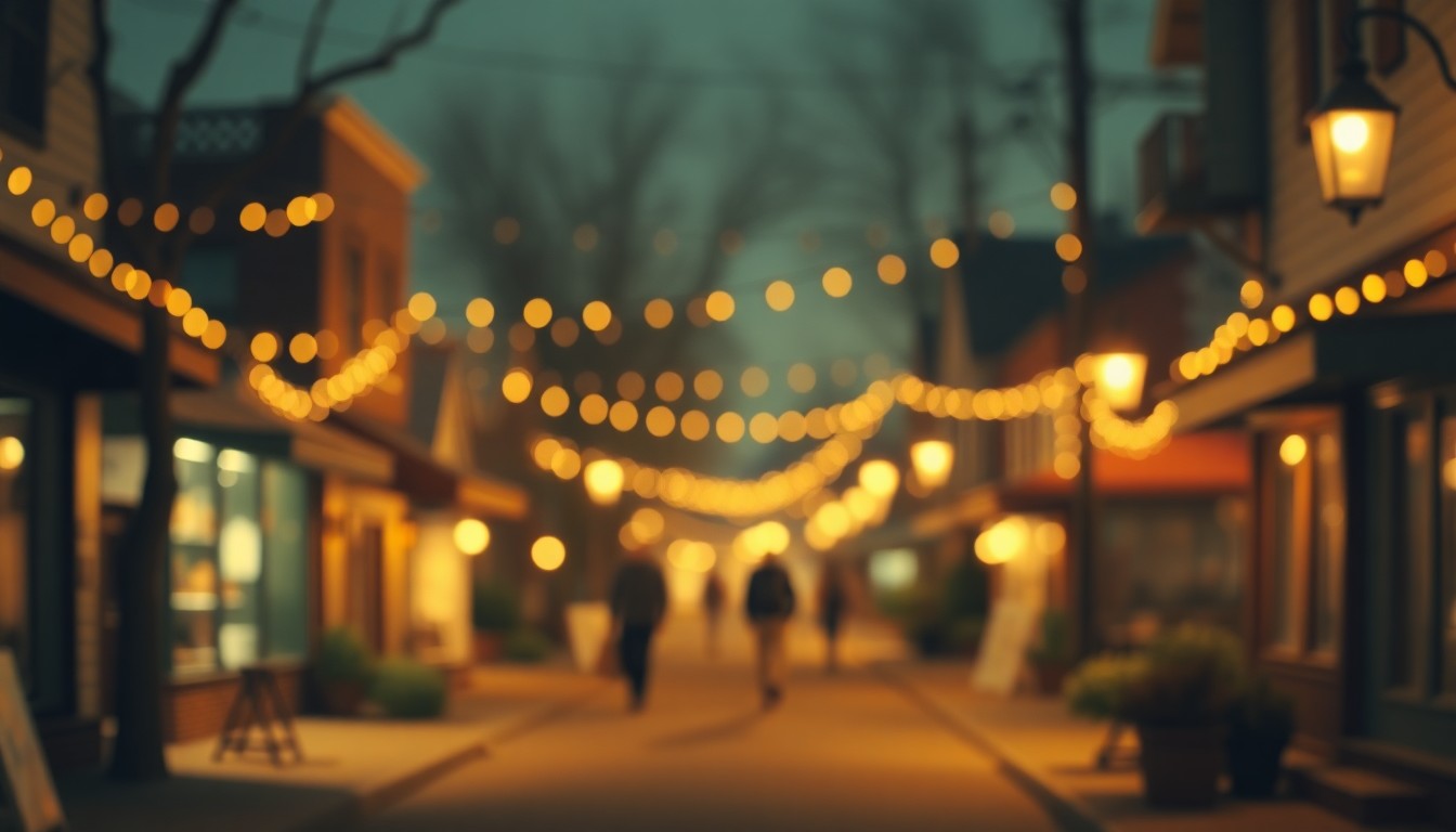 An extremely abstracted, out-of-focus photograph in warm, muted tones depicting a cozy, nostalgic small-town street scene with blurred lights and shadows, evoking a sense of community and the passage of time.