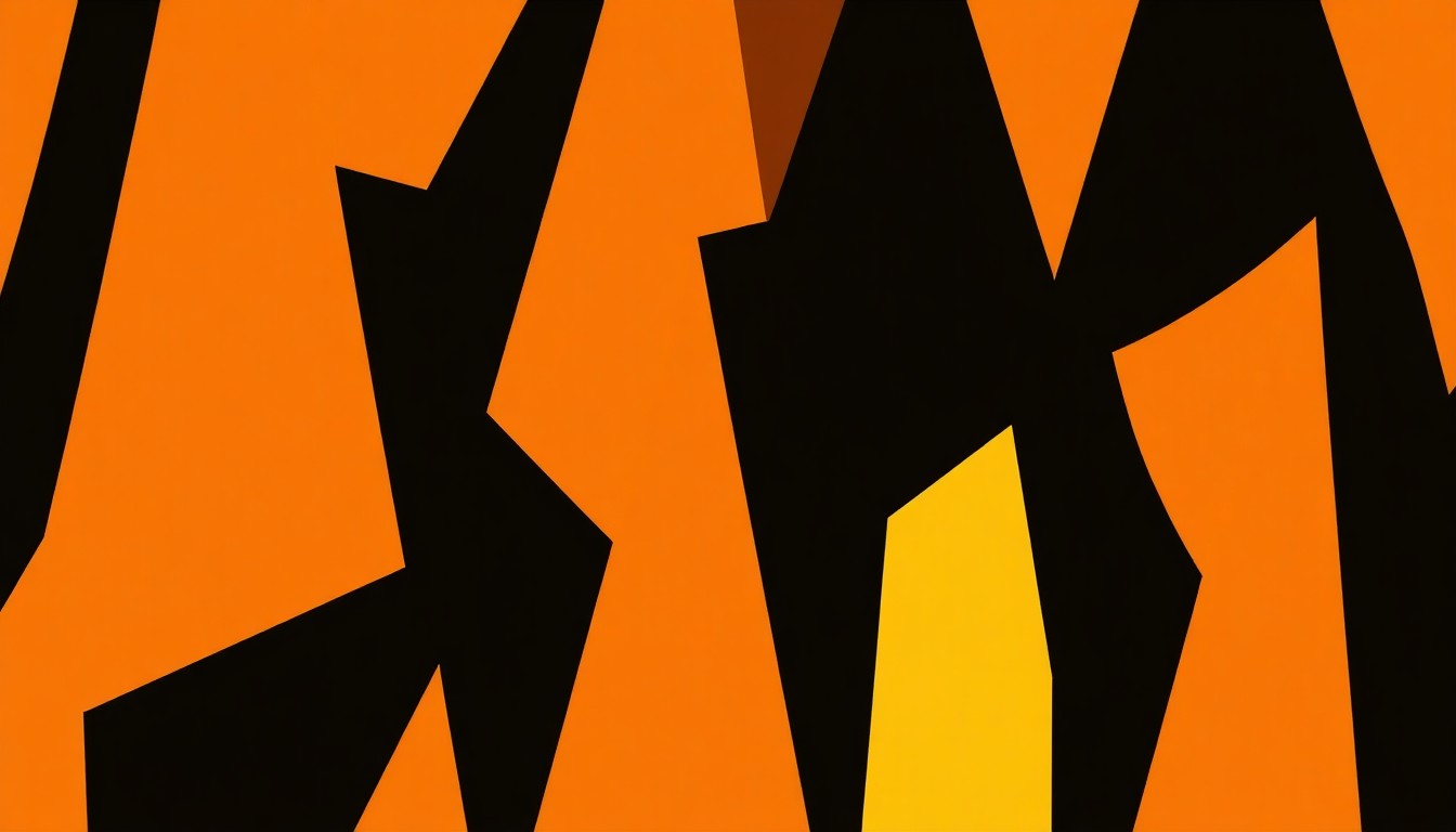 An abstract, minimalist illustration featuring bold, jagged shapes in warm, earthy tones, capturing the retro aesthetic of the 1970s-inspired murder mystery dinner theater event.