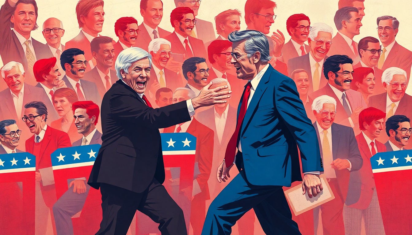 A dynamic, fragmented painting of a Republican voter in an aggressive stance, chasing away a GOP canvasser, the figures repeated in overlapping geometric waves of patriotic colors, capturing the political turmoil and voter anger.