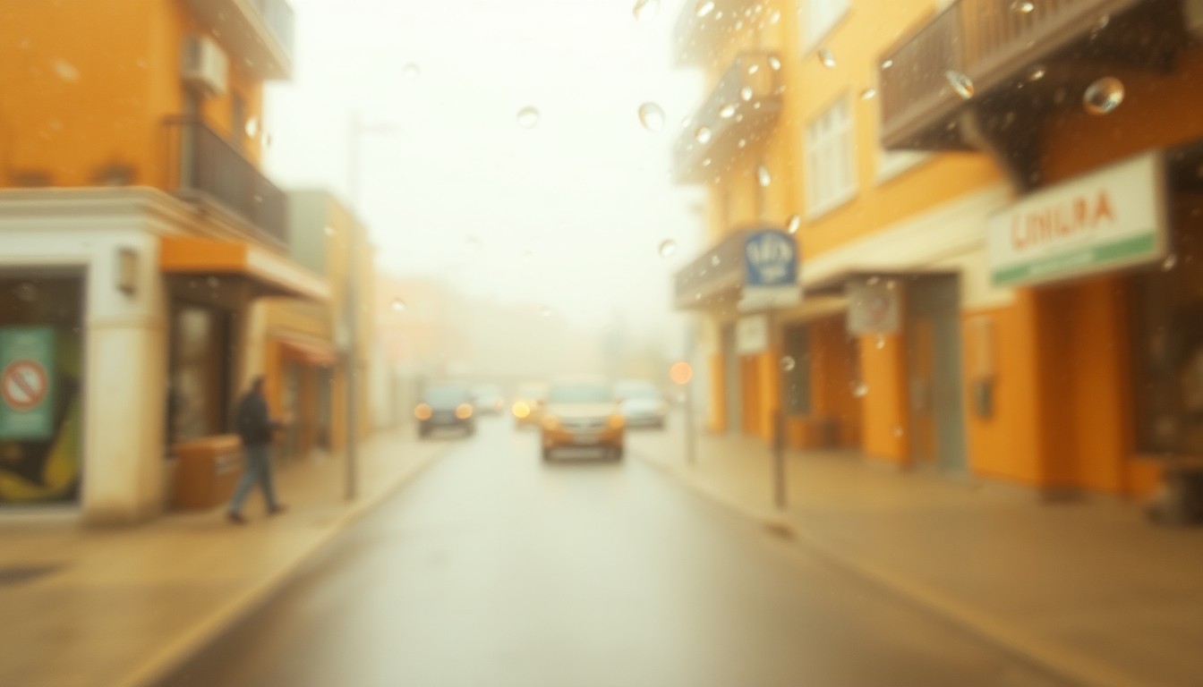 An impressionistic, out-of-focus photograph showing the blurred outlines of houses and trees on a residential street, with the scene obscured by a hazy, rain-streaked filter that gives the image a dreamlike, nostalgic quality.