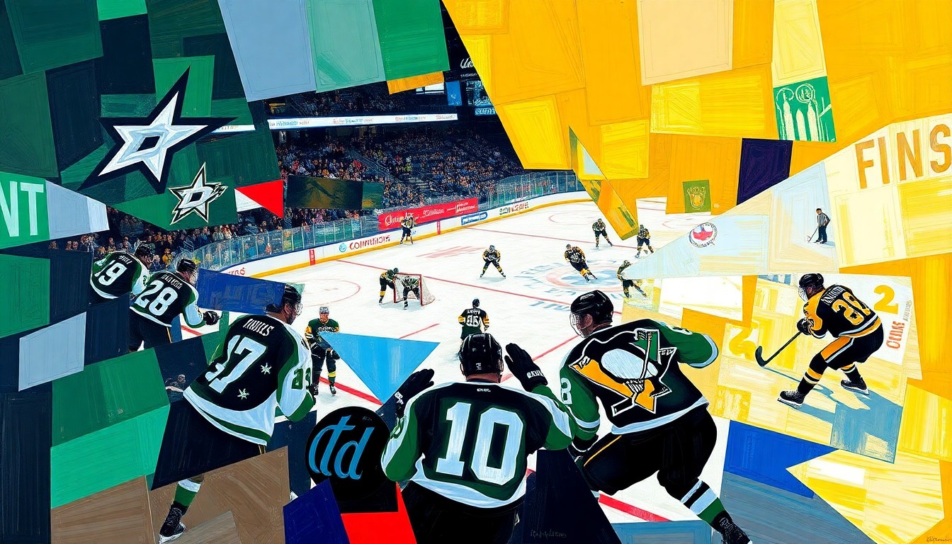 A fragmented, geometric painting depicting the movement and competition of a hockey game, with sharp planes of color representing the players, ice, and arena.
