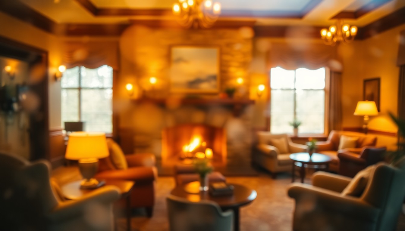 An impressionistic, out-of-focus photograph featuring warm, blurred tones of amber, ochre, and sage green, conceptually representing the timeless elegance and inviting atmosphere of the Oroville Inn's historic lobby.