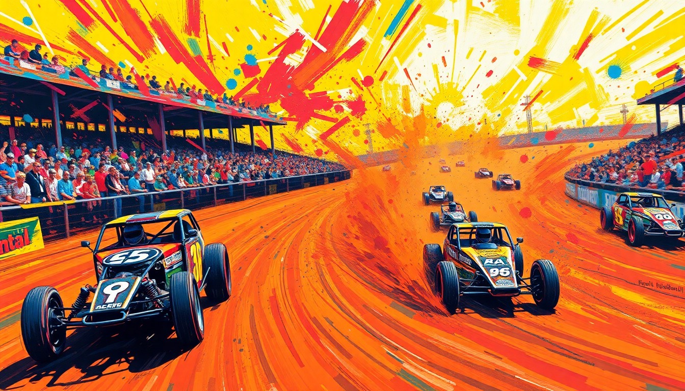 An abstract, expressionist painting in neon colors depicting the blurred motion and energy of a dirt track race, capturing the excitement of the sport without showing any specific identifiable elements.