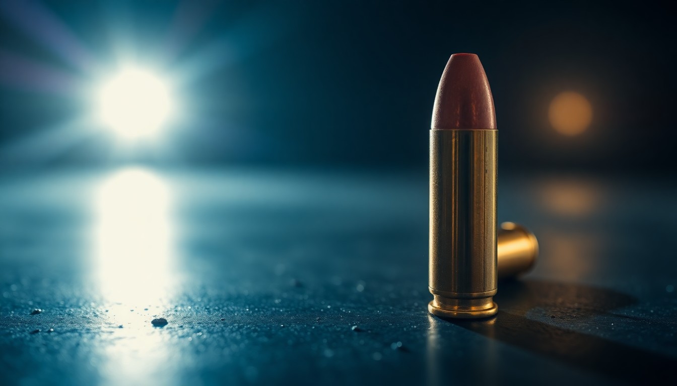 An extreme close-up photograph of a single bullet casing on a dark surface, lit by a harsh, direct camera flash, conceptually representing the deadly weapon used in this tragic domestic violence incident.
