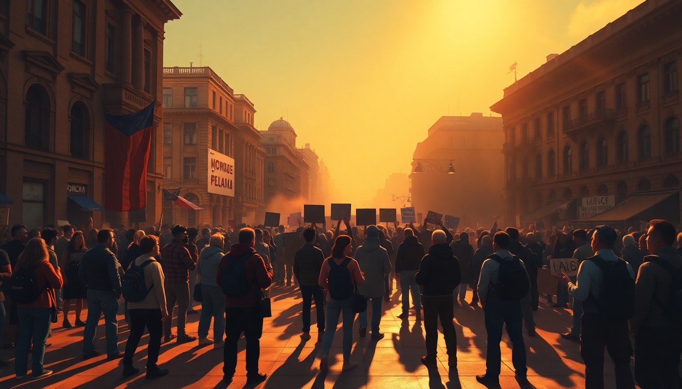 A painting in the style of Edward Hopper depicting a group of protesters gathered in a public plaza, with warm sunlight and deep shadows creating a contemplative, cinematic mood.