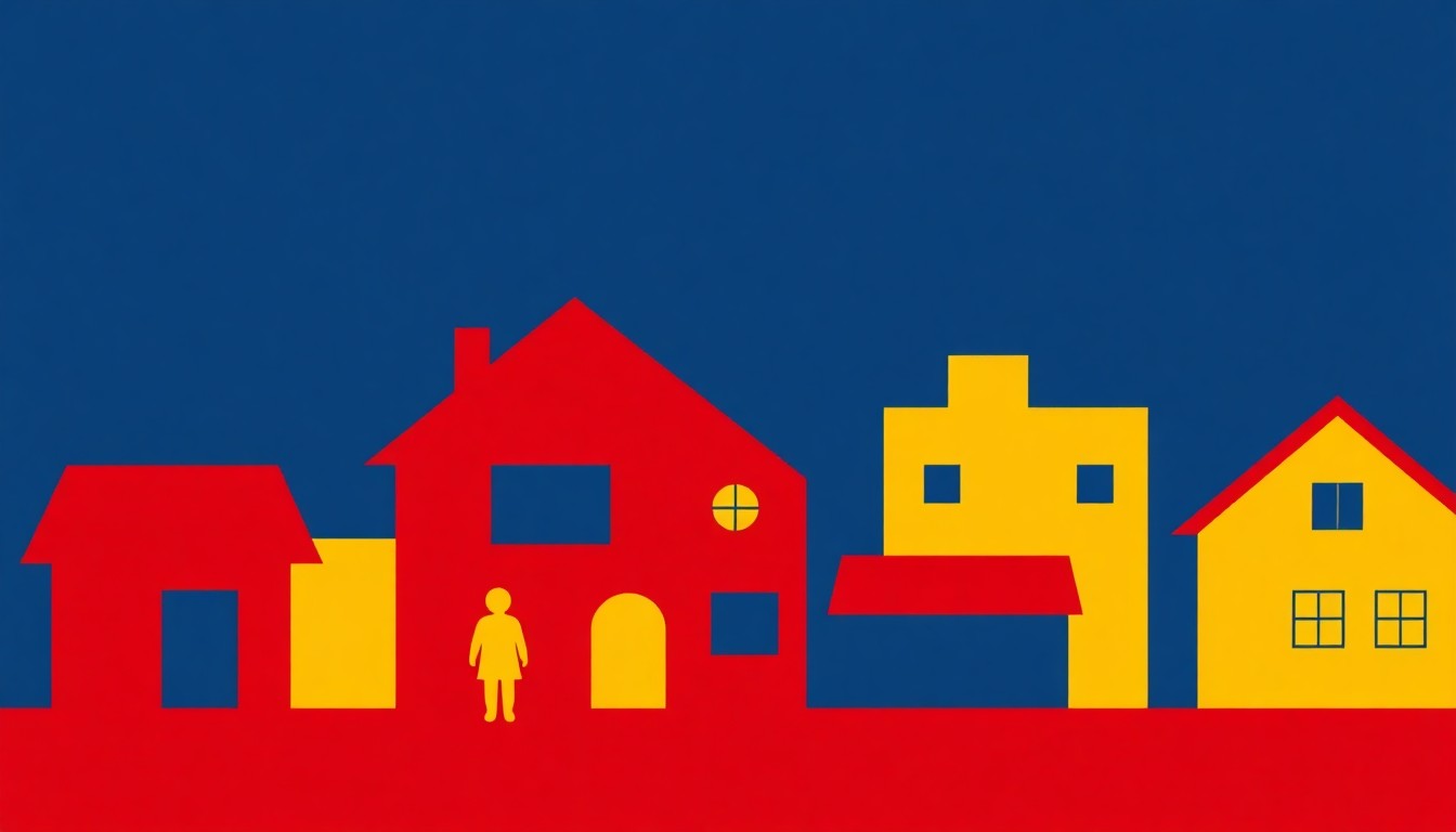 An abstract, minimalist illustration using bold, geometric shapes in warm red, soft yellow, and deep blue to represent the iconic characters and settings of 'Mister Rogers' Neighborhood' without any text or literal depictions.