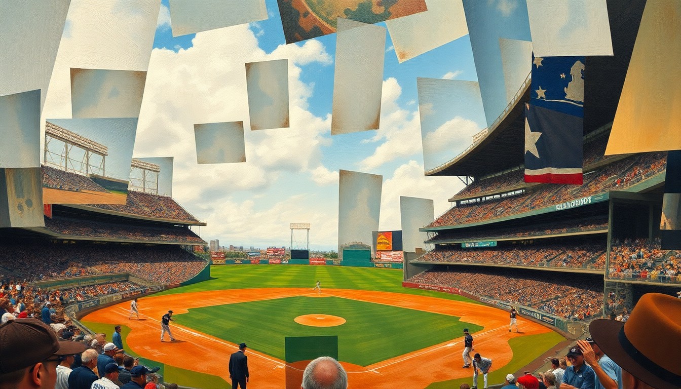 A cubist, geometric painting depicting a baseball game, with overlapping shapes and planes representing the players and action on the field.