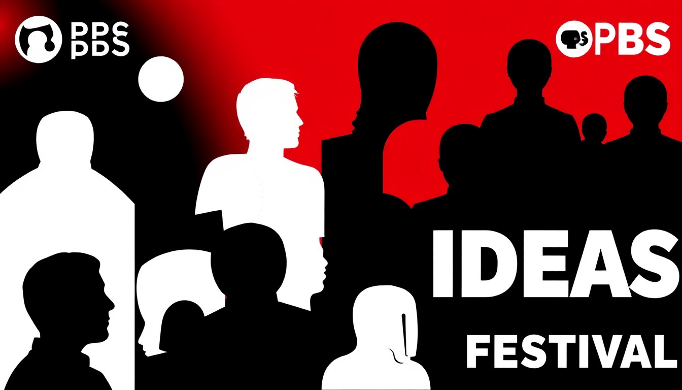 A minimalist, abstract illustration featuring bold, jagged shapes and silhouettes in high-contrast black, white, and red, conceptually representing the diverse range of speakers and topics at the Cascade PBS Ideas Festival.