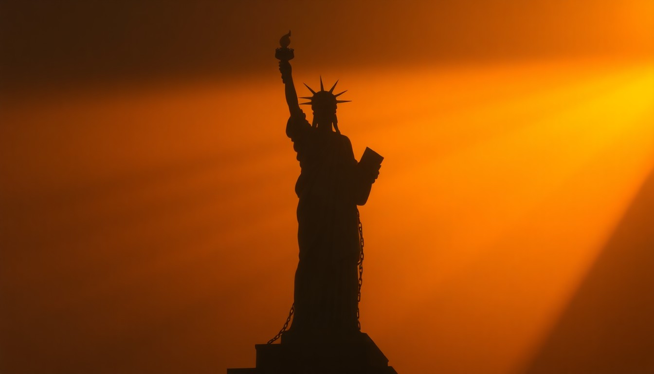 A cinematic painting depicting the Statue of Liberty with chains around her waist, her torch confiscated, bathed in warm, diagonal sunlight and deep shadows, conceptually representing the erosion of American freedoms.