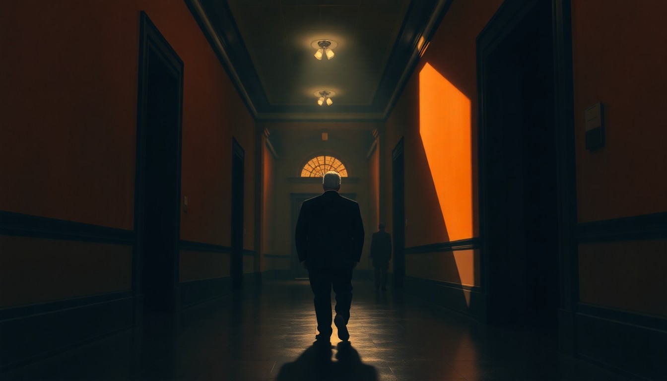 A dimly lit, empty government building hallway with a single figure standing in the center, bathed in warm, diagonal sunlight and deep shadows, conceptually representing the contemplative nature of modern politics.
