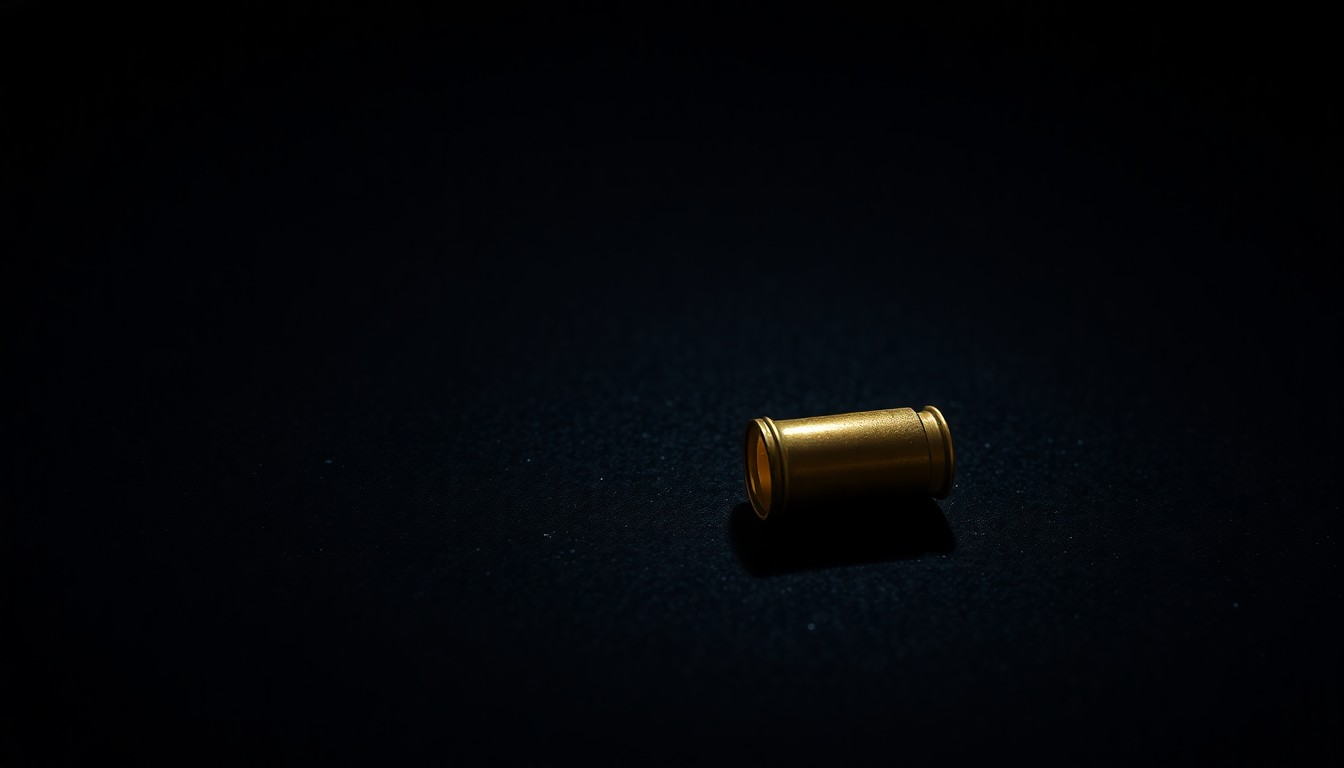 An extreme close-up photograph of a single spent shell casing on a dark, textured surface, lit by a harsh camera flash, conceptually representing the aftermath of a school shooting.