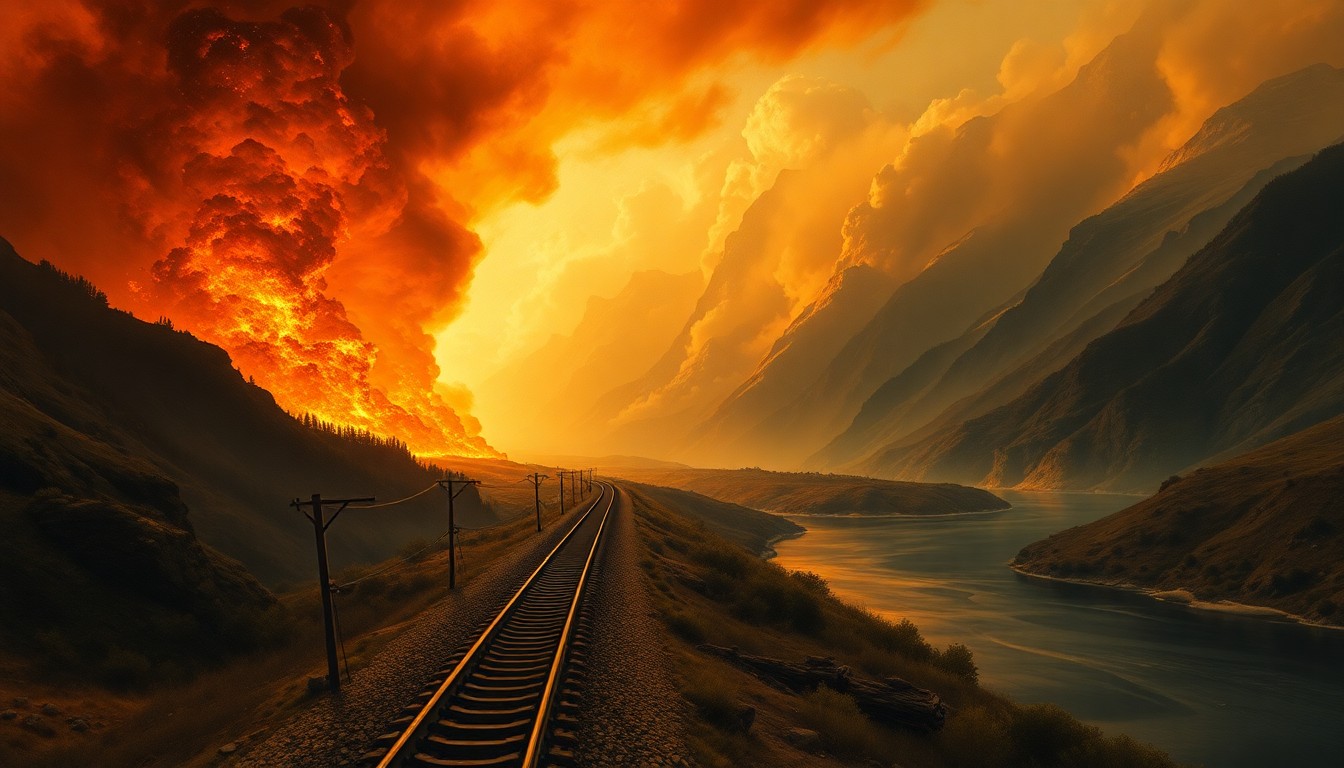 A sweeping landscape painting in muted earth tones, with a massive wildfire consuming the vegetation along a railroad track that winds through the scene, the flames and smoke dwarfing the man-made structures.