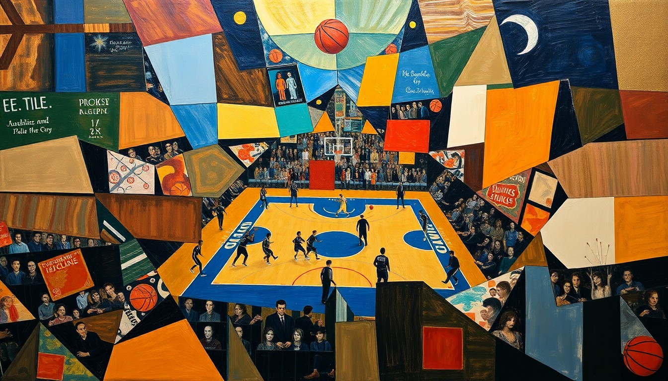 A cubist, geometric painting depicting a basketball game or match, with players and the court broken down into sharp, overlapping planes of color and shape, conveying the dynamic energy and tension of the Knicks' playoff push.