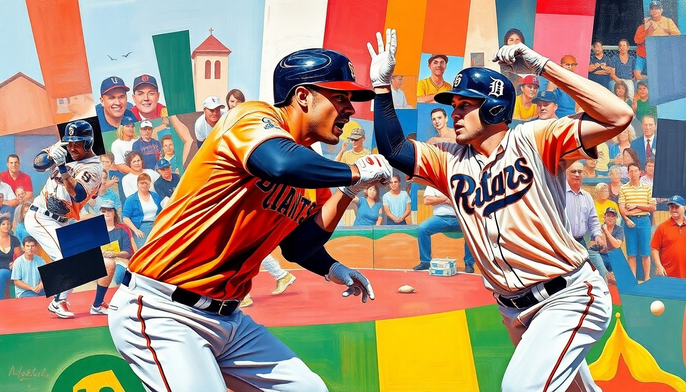A fractured, multi-perspective painting in bold colors, breaking down a baseball player or game action into sharp, overlapping geometric shapes and planes, conceptually representing a roster transaction.