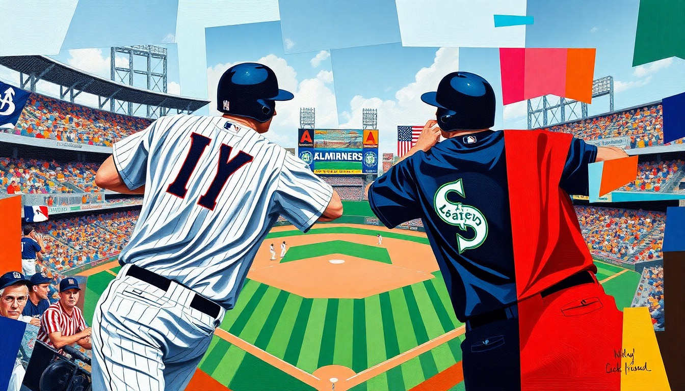A cubist, geometric painting in vibrant blues, grays, and whites, depicting a baseball game broken down into overlapping, fragmented shapes and planes, conveying the competitive balance and tactical nature of the matchup between the Yankees and Mariners.