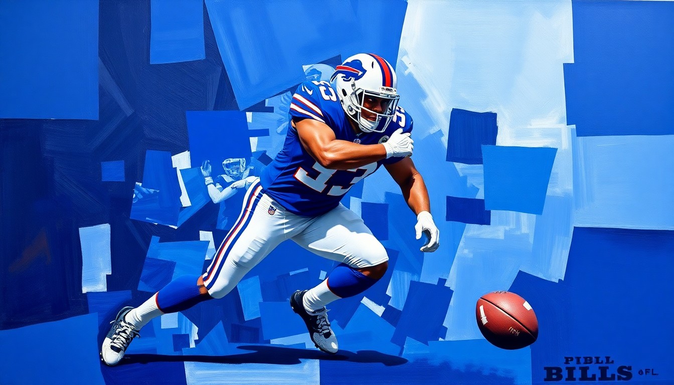 A fragmented, cubist-style painting depicting a football player in defensive position, with sharp geometric shapes and planes in the Bills' team colors of blue and white.