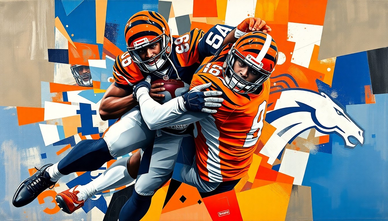 A fractured, geometric painting depicting a football player in motion, with sharp planes of color representing the Bengals and Broncos uniforms, conveying the energy and strategy of the safety position.