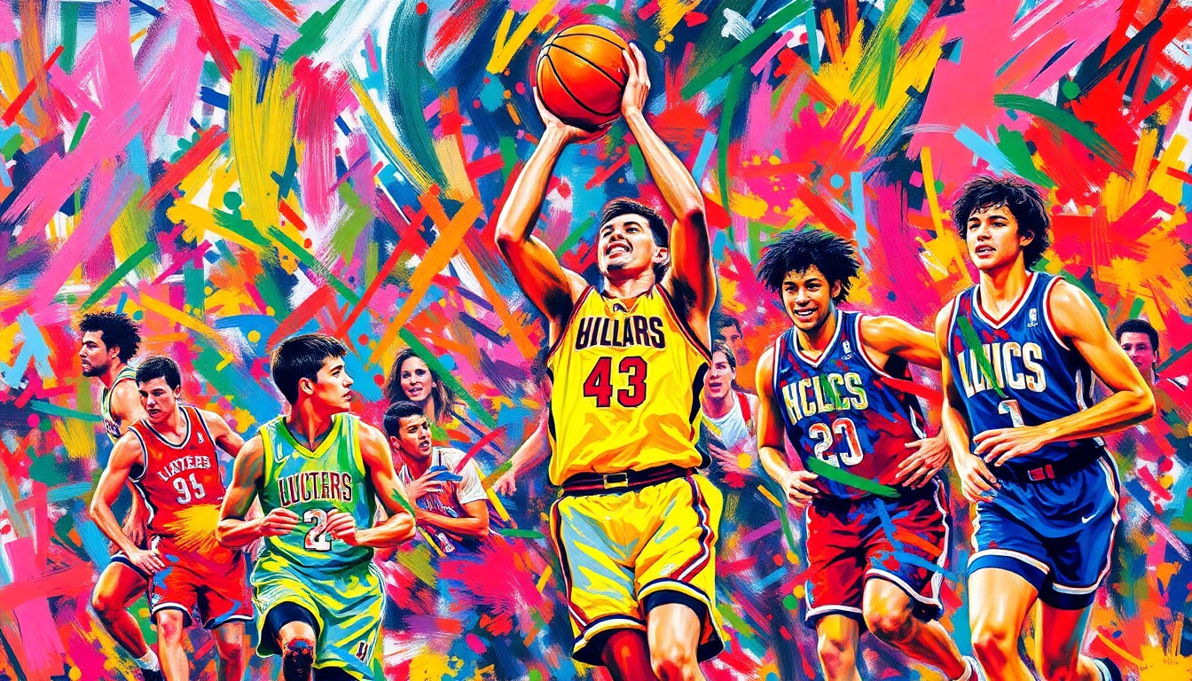 An abstract, expressionist painting in neon colors featuring overlapping brushstrokes and fragmented shapes, conveying the raw emotion and movement of a high school basketball game without depicting any recognizable figures or details.