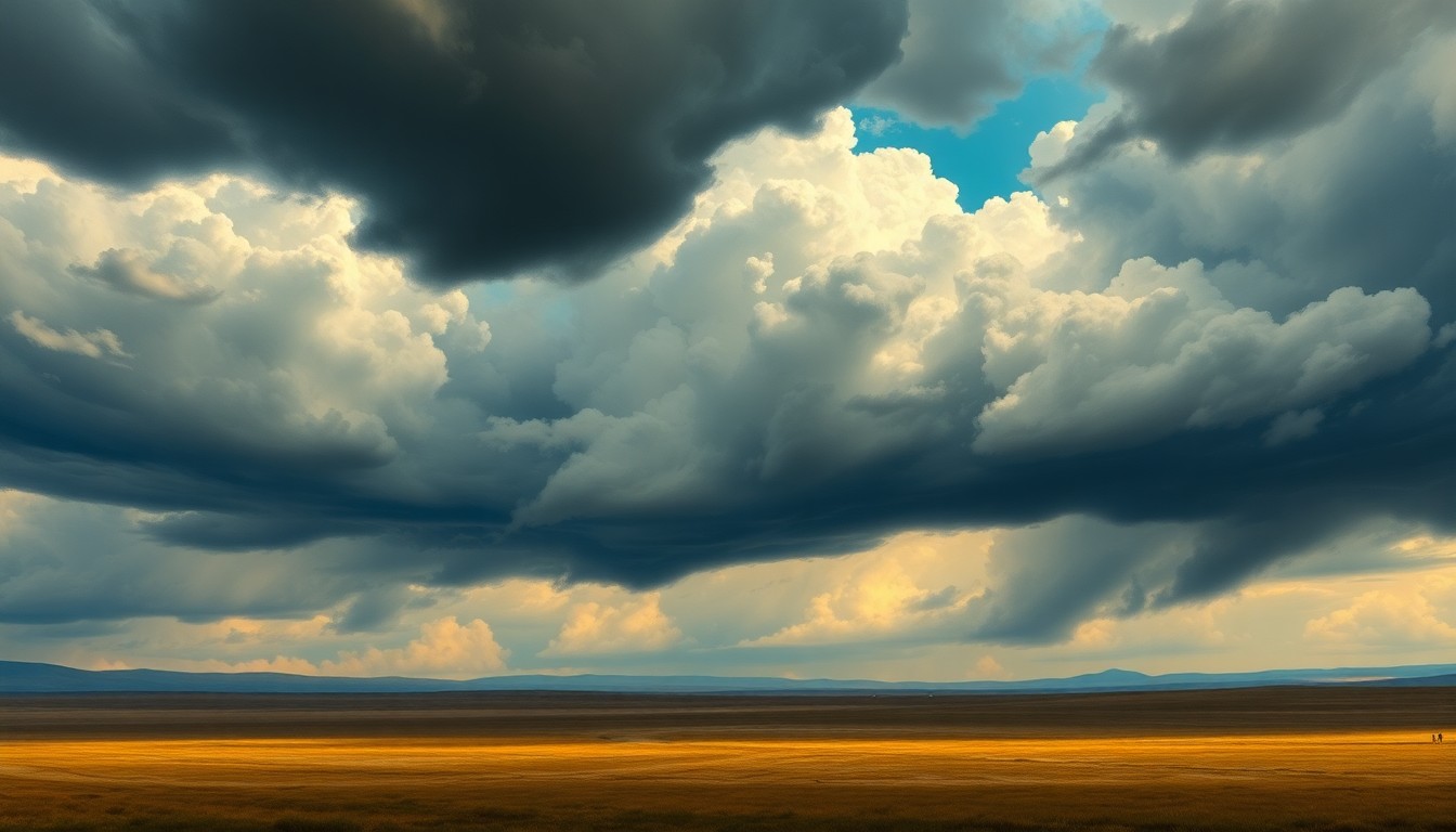 A sweeping, atmospheric landscape painting in muted tones of gray, blue, and green, depicting a vast, stormy sky looming over a flat, open field, with any physical structures or objects barely visible in the distance, conveying the overwhelming scale and power of the natural world.