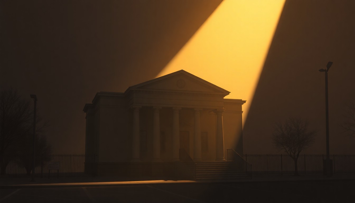 A photorealistic painting of a stately federal courthouse building in warm, golden sunlight, with deep shadows cast across the facade, conveying a sense of the solemn legal battles unfolding within.