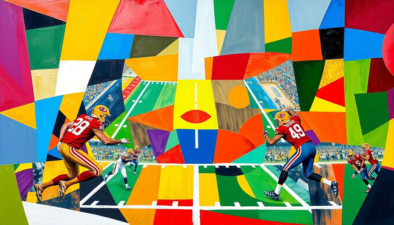 A fragmented, cubist-style painting depicting a football game, with sharp geometric shapes in the team colors of the competing squads, conveying the dynamic and evolving nature of the sport.