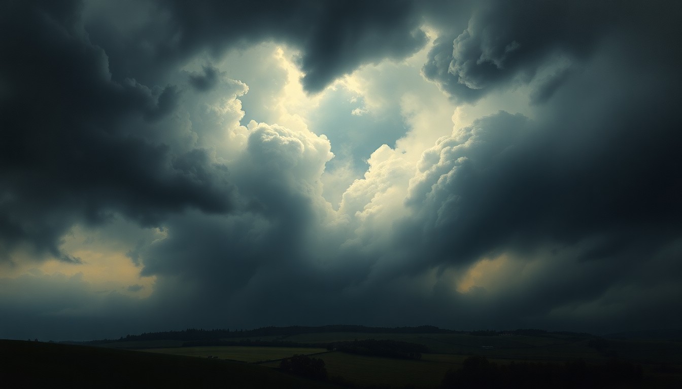 A sweeping, atmospheric landscape painting in muted tones of gray, blue, and green, depicting a vast, stormy sky filled with dark, ominous clouds that obscure the horizon, with only the faintest silhouettes of buildings or trees visible in the distance, conveying the overwhelming scale and power of an impending weather event.
