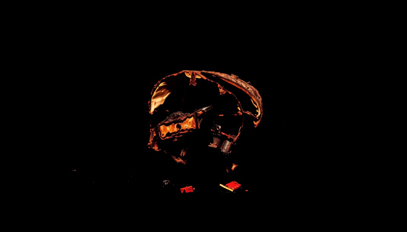 An extreme close-up of a twisted, charred car part or piece of debris from the crash site, capturing the stark, gritty aftermath of the fatal collision.