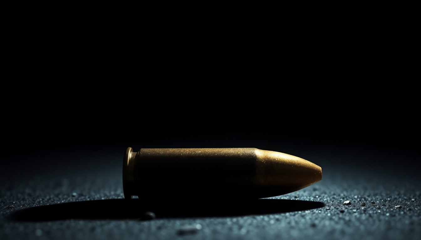 An extreme close-up photograph of a single bullet casing on the ground, capturing the stark, gritty details of the crime scene.