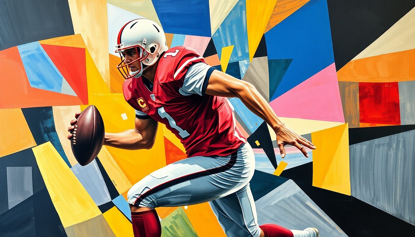 A fragmented, geometric painting depicting the dynamic motion of a football player, with their jersey and equipment dissolved into abstract shapes and colors.