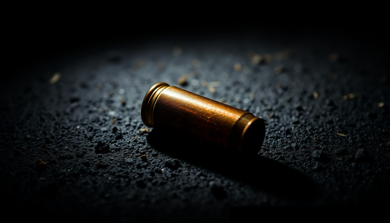 An extreme close-up of a spent bullet casing on a dark, textured surface, lit by a harsh, direct flash, conceptually illustrating the aftermath of a shooting incident.