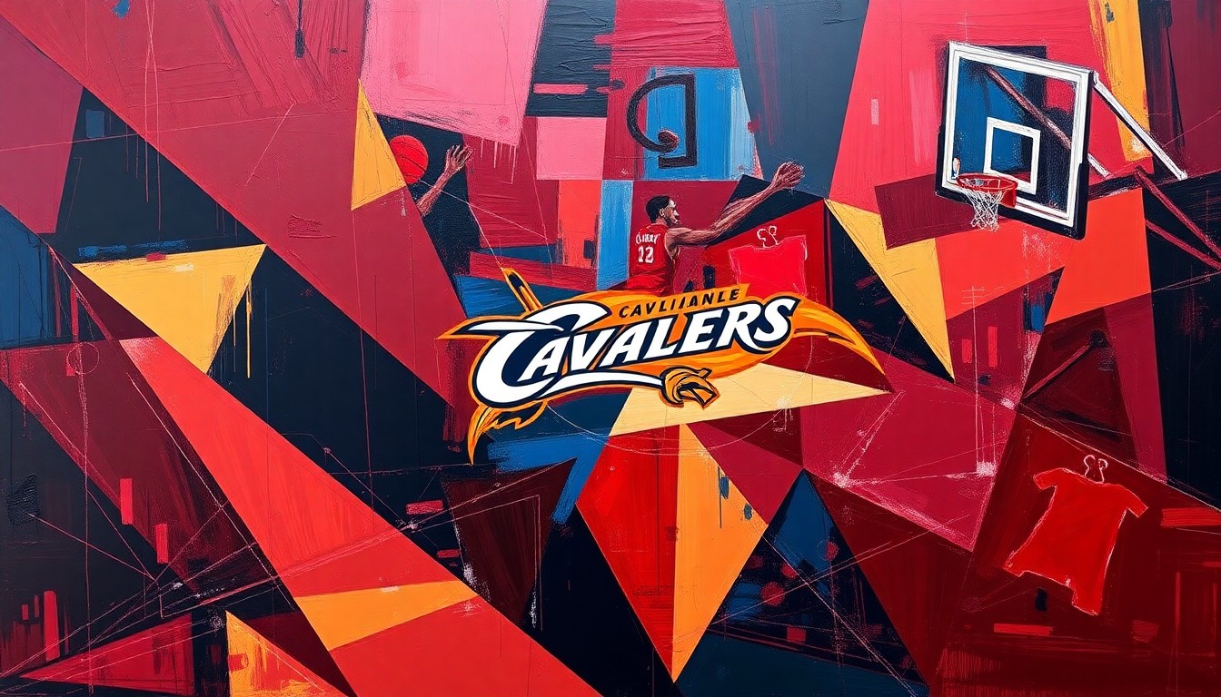 A fragmented, cubist-style painting depicting a basketball game, with sharp geometric shapes in the team's colors of red, blue, and gold, conveying the high-stakes, transitional nature of the Cavaliers' season.