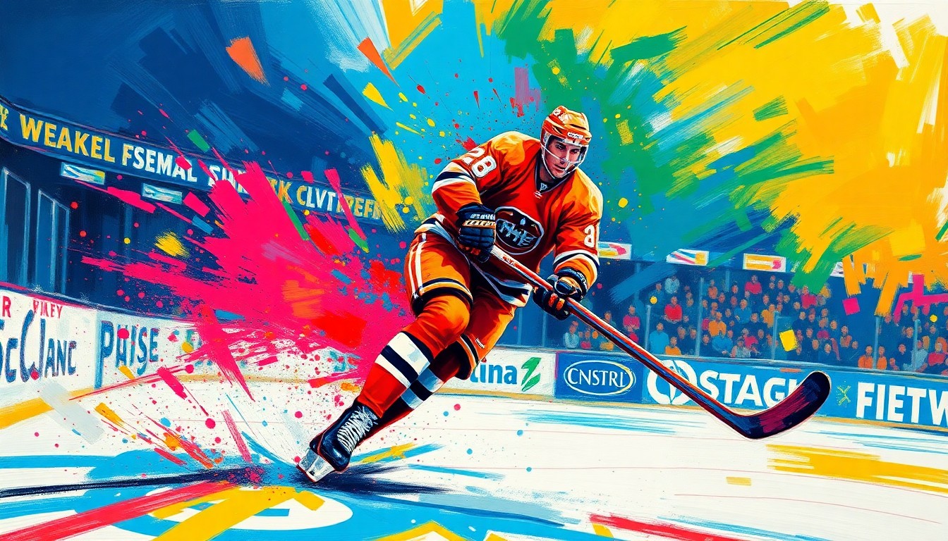 An abstract, expressionist painting in neon colors depicting the intense, explosive motion of a hockey player scoring a game-winning goal, with the player's form and the puck dissolving into vibrant, unrecognizable brushstrokes.
