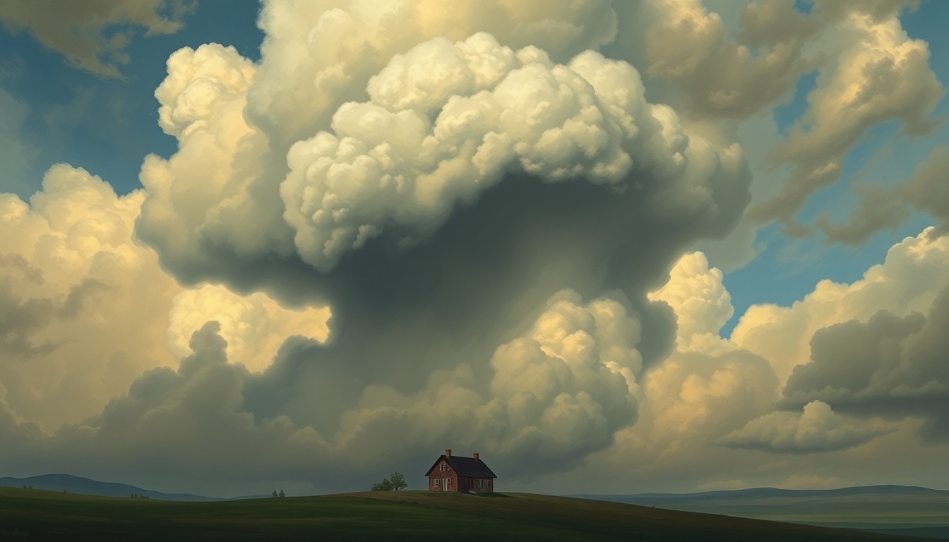A sweeping, atmospheric landscape painting depicting a small home dwarfed by a massive, ominous cloud formation filling the sky, conveying the fragility of human structures in the face of unpredictable weather.