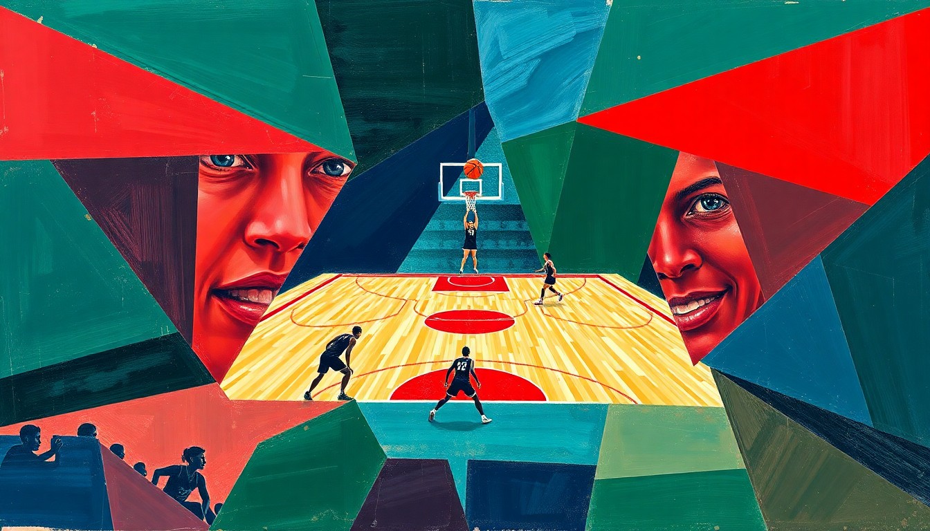 A fragmented, cubist-style painting depicting a women's basketball game, with sharp geometric shapes in navy, green, and red overlapping to create a dynamic, deconstructed visual representation of the sport.
