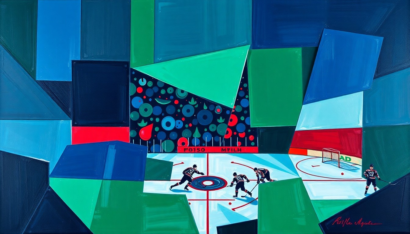 A cubist, geometric painting depicting the dynamic movements and energy of a hockey game, with sharp planes of navy, green, and red intersecting to create a sense of motion and competition.