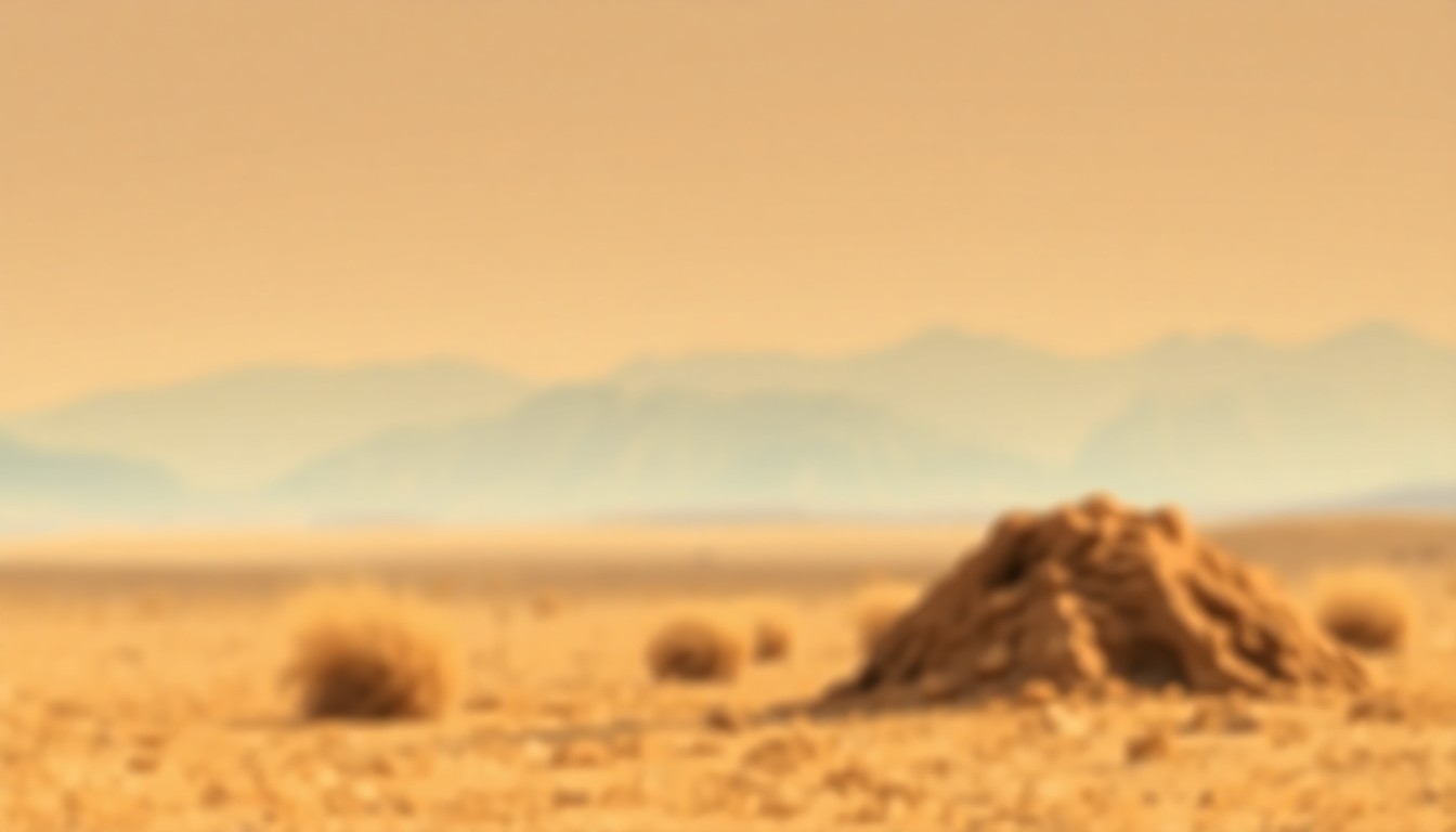 An extremely abstracted, out-of-focus photograph of a desert landscape, with a blurred termite mound in the foreground and a distant horizon of mountains, bathed in warm, hazy light, conceptually representing the environmental factors that influence termite treatment longevity in the region.
