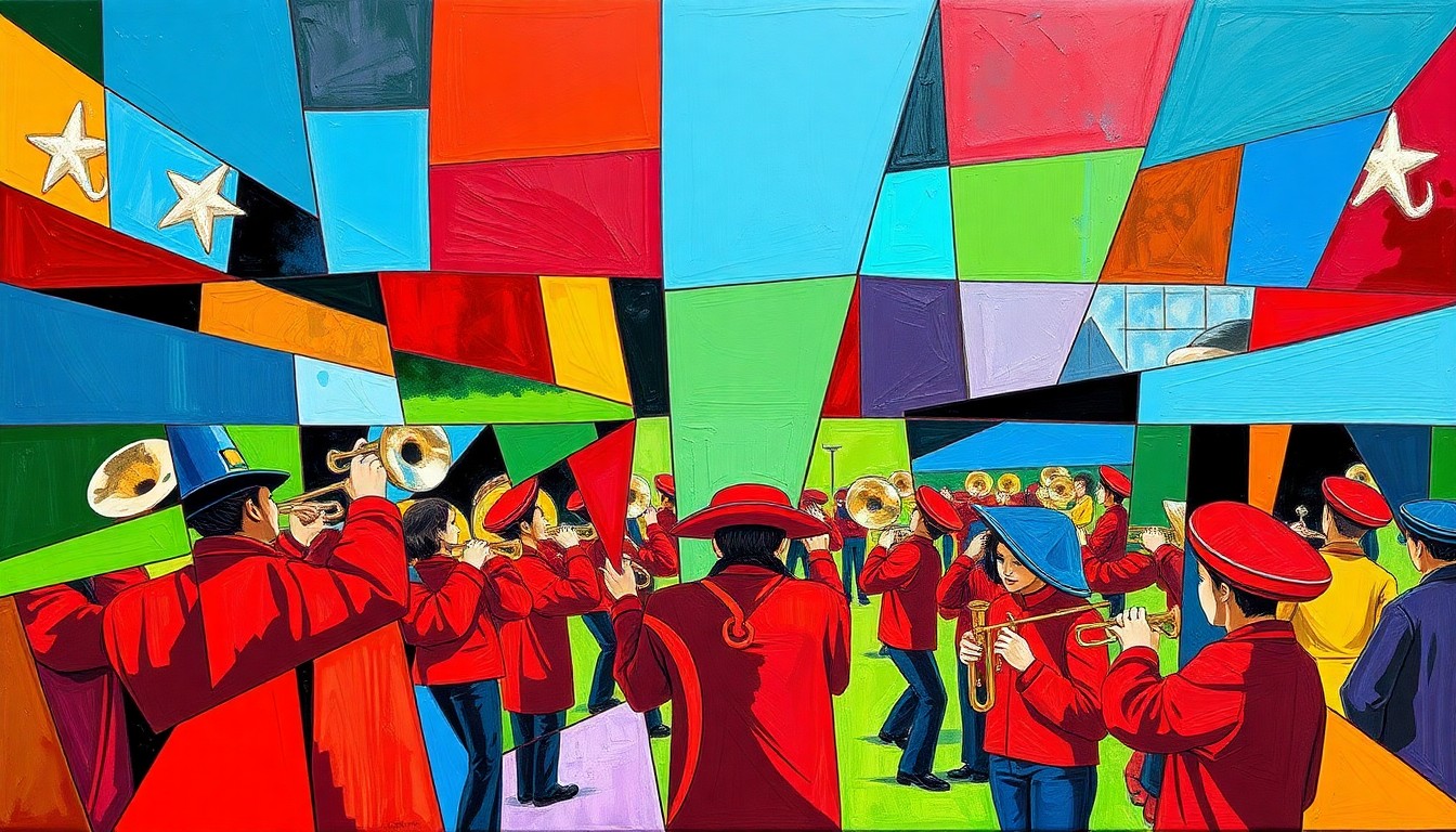 A cubist, geometric painting depicting a high school marching band performance, with the musicians and instruments fractured into overlapping planes of bold, vibrant colors.